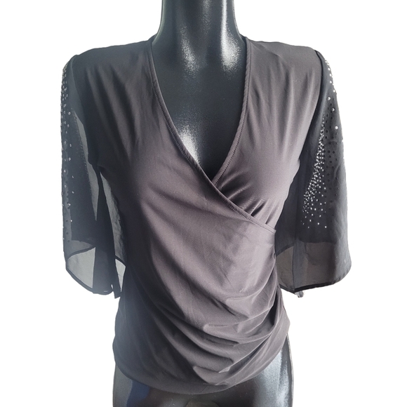 Black Collection Faux Wrap Cropped Bell Sleeve Top S - Picture 1 of 8